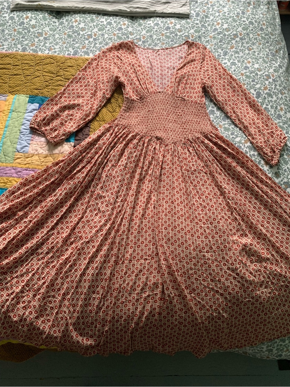 Free People Rust Floral Smocked Maxi Dress with Long Sleeves